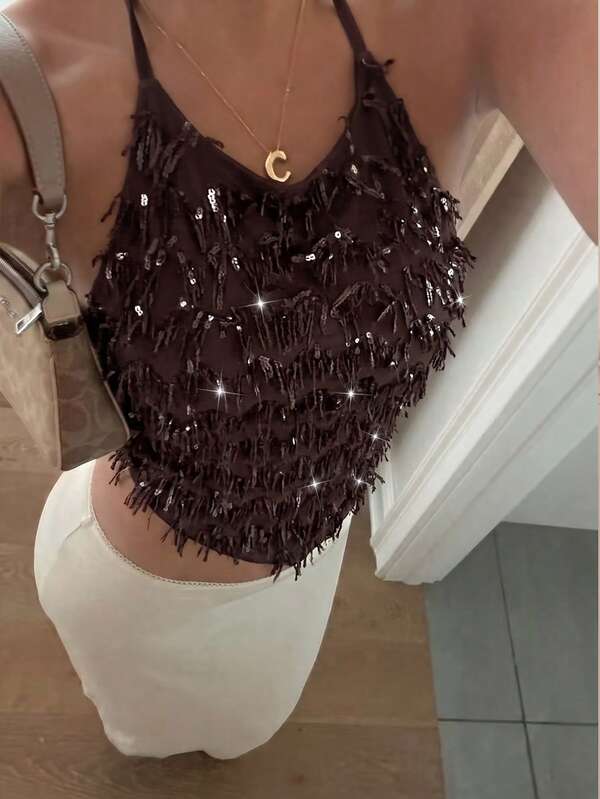 SHEIN Glamour Dark Brown Mesh Sequin Fringe Halter Tie-Back Crop Top, Lined Backless Y2K Sexy Top Back To School Sorority Rush Late Summer Festival Bday Night Out
