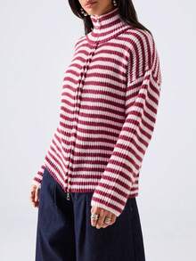 LYSMO Women's Striped Colorblock Zipper High Neck Long Sleeve Fashion Sweater - Multicolor - View 4