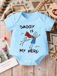 男嬰卡通可愛標語「DADDY IS MY HERO」字母印花短袖連身衣，夏季嬰兒中性款柔軟舒適連身衣，父親節禮物 - 彩色 - 查看 3