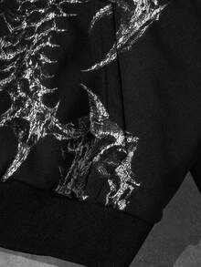 ROMWE MEN Goth 男士哥德風印花寬鬆連帽衛衣 - 黑色 - 查看 2