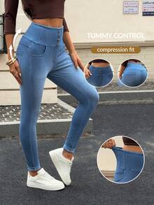 SHEIN Essnce 女款時尚百搭鈕扣口袋緊身牛仔褲 日常穿著 淺藍色 夏季休閒 - 淺色水洗藍 - 查看 1