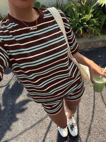 青少年女孩休閒簡約寬鬆圓領短袖T恤與寬鬆短褲兩件套，適合春夏穿著 - 白色 - 查看 3
