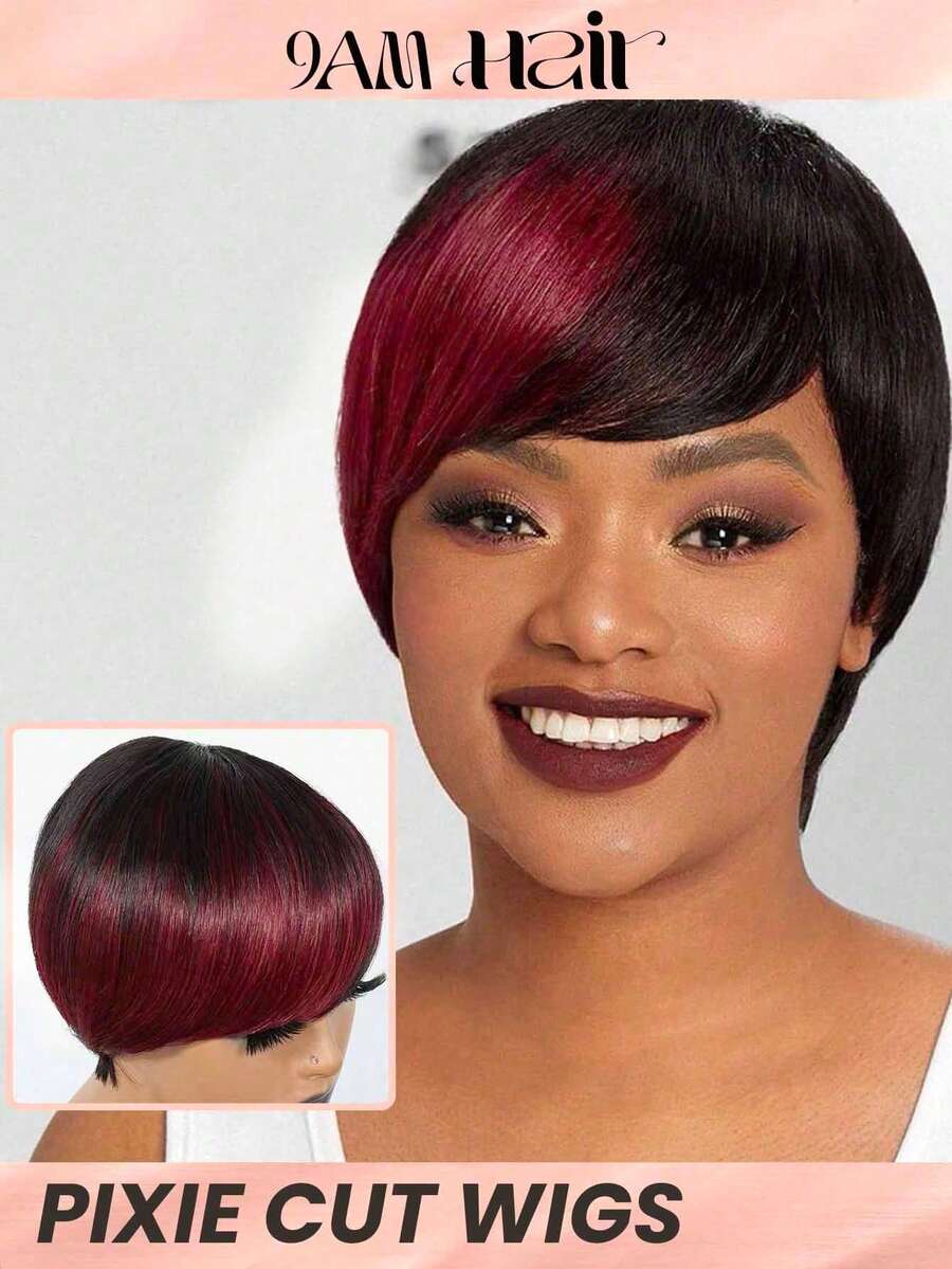 Short Straight Pixie Cut Human Hair Wigs 1B/99J Real Affordable Hair Replacement Wig Cheap Daily Use Wig For Beginner Friendly Wear To Go Burgundy Color Halloween - SNATURAL/99JC - View 1