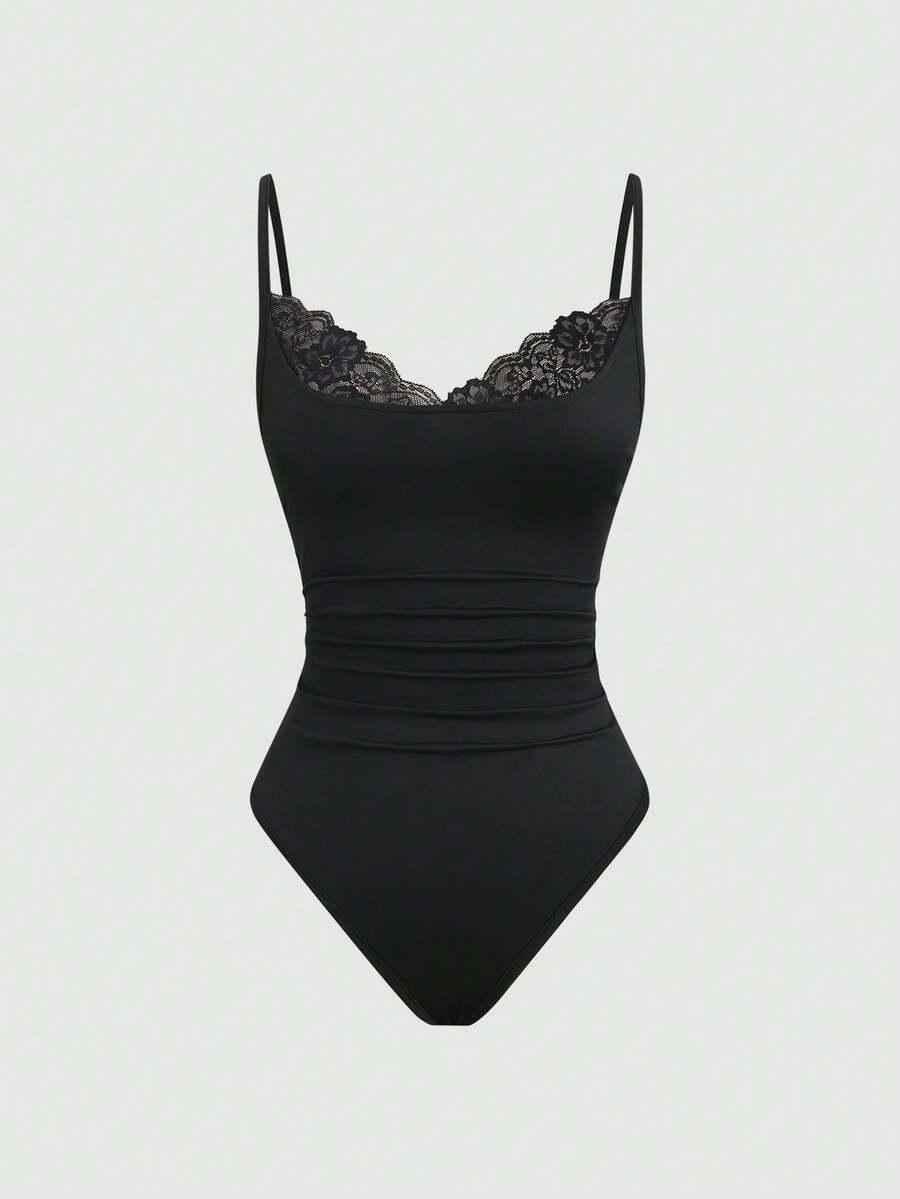 Sweetra Women's Premium Fashion Elegant Personalized & Lace Patchwork & Black Bodysuit - Black - View 1