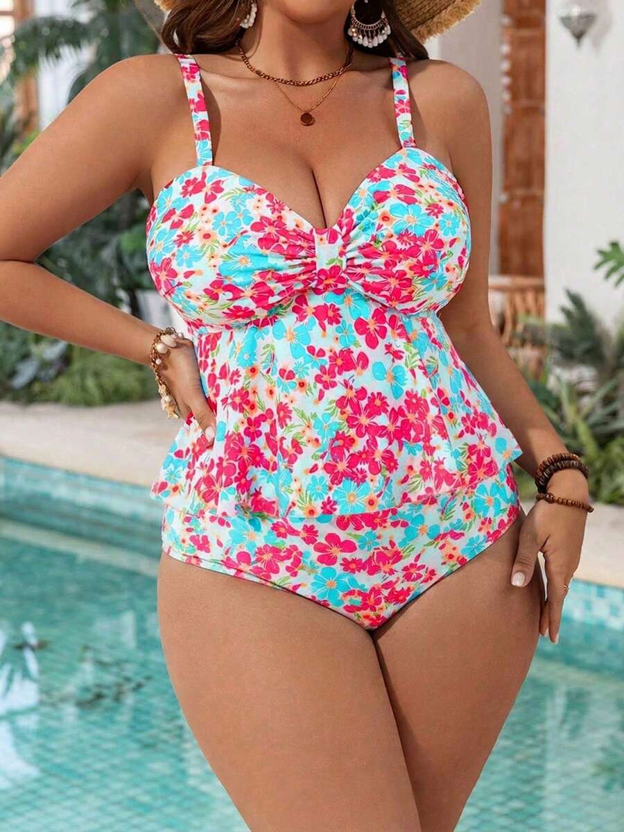 Swim Mod 加大码女式两件套迷你碎花低领比基尼套装,修身可拆卸衬垫泳衣,适合度假海滩 - 彩色 - 查看 1