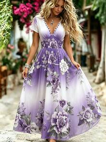 SHEIN Regular Women's Niche Design Short Sleeve Mid-Length Dress, Deep V-Neckline Design, 3D Floral Effect Fabric, Rendered Floral, Colorful Floral, Fitted Slim Top, Loose A-Line Umbrella Skirt Silhouette, Fashionable Elegant, Comfortable Casual, Casual Vacation, Suitable For Dates, Friends Gatherings, Family Meetings, Fashionable Casual - Multicolor - View 4