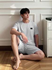 Napfluff Minimalist Solid Color Short Sleeve & Shorts Pajama Set, Men's Simple Comfortable Home Wear 2-Piece Set - Grey - View 3