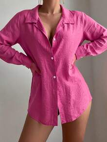 Vaytide Solid Color Beach Cover-Up Kimono - Hot Pink - View 3