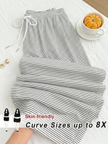 SHEIN CURVE+ 秋冬款黑白條紋休閒百搭抽繩大尺碼長褲 - 白色 - 查看 1