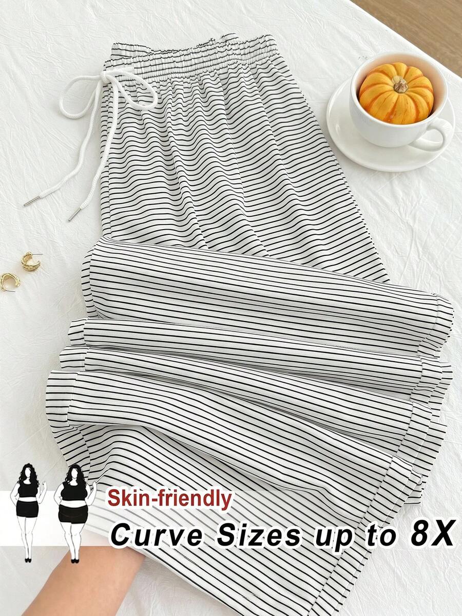 SHEIN CURVE+ 秋冬款黑白條紋休閒百搭抽繩大尺碼長褲 - 白色 - 查看 1