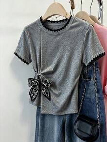 Franclia Women's Summer Casual Tie-Front Short Sleeve T-Shirt - Grey - View 4