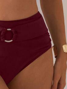 SHEIN Swim Women's Solid Color Bikini Bottoms For Beach Vacation - Burgundy - View 4