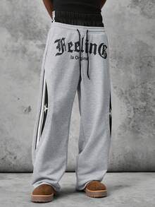 STYNVO Pantalones de chándal casuales versátiles de uso diario con cintura con cordón y patrón de letras para hombre - Gris - Ver 1