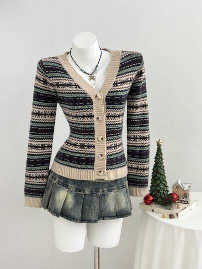 Elamini Áo cardigan dệt jacquard kẻ sọc nhiều màu bo eo