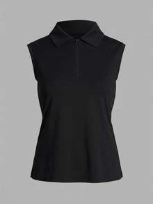 CourtClass CourtClass 女款運動瑜珈戶外健身 Polo 衫，有領、無袖、半拉鍊、開衩下擺 - 黑色 - 查看 6