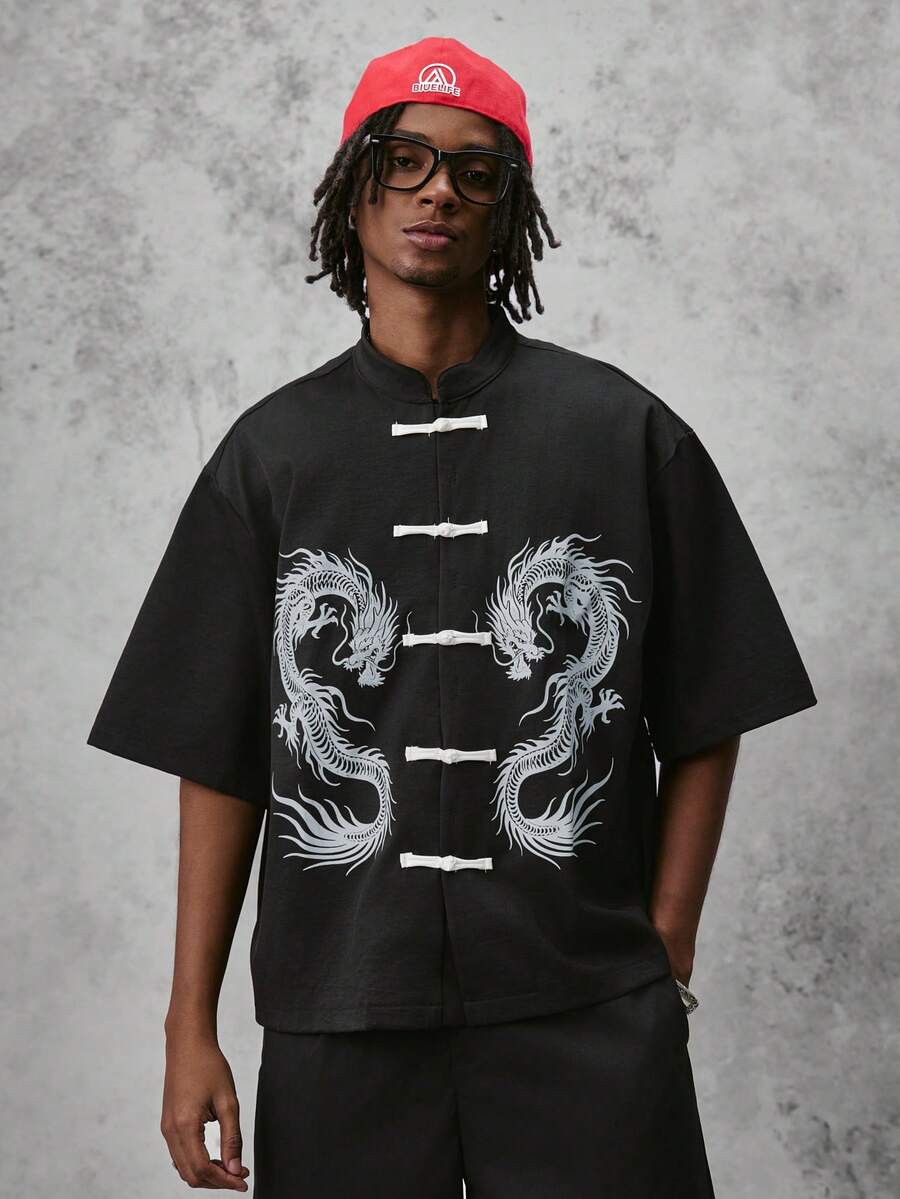 STYNVO 男士夏季時尚龍圖案青蛙鈕扣襯衫 - 黑色 - 查看 1