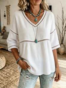 Holdful Holdful 女款蕾絲飾邊拼接圓領七分袖上衣 - 白色 - 查看 5