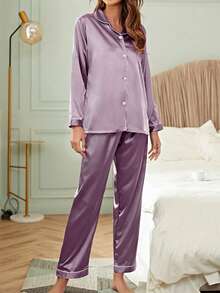 LuxeNights Contrast Binding Button Up Satin Pyjama Set - Mauve Purple - View 3