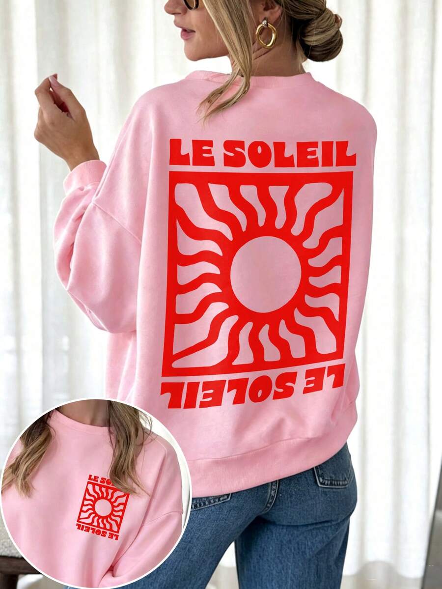 DrmWander Plus Size Casual Vacation Applique Letter Print Crew Neck Long Sleeve Sweatshirt - Pink - View 1