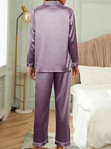 LuxeNights Contrast Binding Button Up Satin Pyjama Set - Mauve Purple - View 2