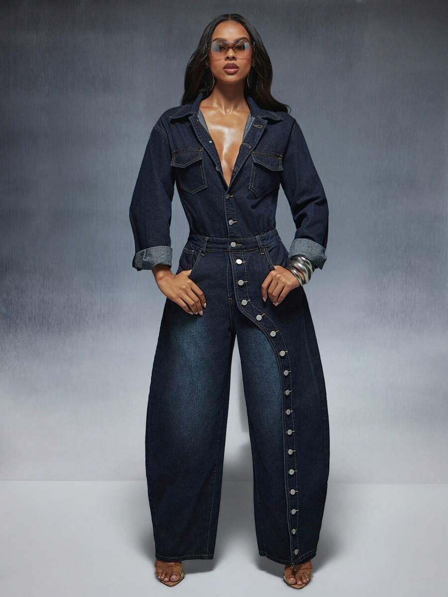 Denimoi Women's Fashion Button Curved Leg Denim Jumpsuit, Chic Streetwear, Fall, Winter - Dark Wash - View 1