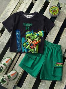 TEENAGE MUTANT NINJA TURTLES | SHEIN Young Boy Letter Cartoon Print Short Sleeve T-Shirt And Shorts Casual Daily Outfit - Black - View 3