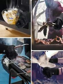 1組2件耐熱800°F烘焙手套 - 防滑矽膠隔熱烤箱手套，適用於廚房、燒烤、露營炊具 - 黑色 - 查看 6