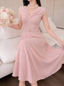 Modelyn Women's Dress, Elegant Twist Front High Waist A Line Textured Fabric Midi Pink Dress For Women Wedding Guest Party Going Out Graduation All Season - Pink - View 7