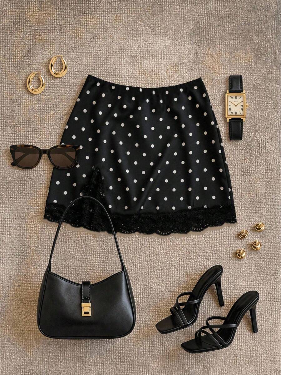 Grovea Rok Patchwork Renda Polkadot Wanita Ukuran Besar untuk Musim Gugur - Hitam - View 1