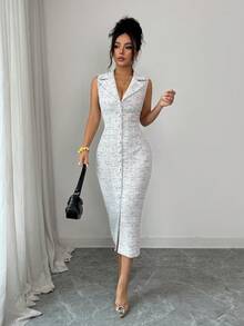 Selianne Standard Size Elegant Women's Tweed Deep V-Neck Sleeveless Lapel Collar Slim Fit Mature Commute Business Casual Semi-Formal Wedding Guest Company Annual Meeting Small Evening Party Elegant Date Afternoon Tea Best Friend Gathering Exhibition Visit Spring Autumn Daily Street Wear Light Travel New Dress - Multicolor - View 6