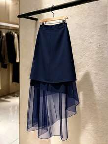 SHEIN Franclia Women Navy Blue Fall Skirt Elegant Irregular Mesh Overlay High Waist Flowy Skirt For Dating Party - Navy Blue - View 2
