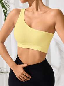 SHEIN Dewbera 女款純色單肩短版運動背心 - 淡黃色 - 查看 3