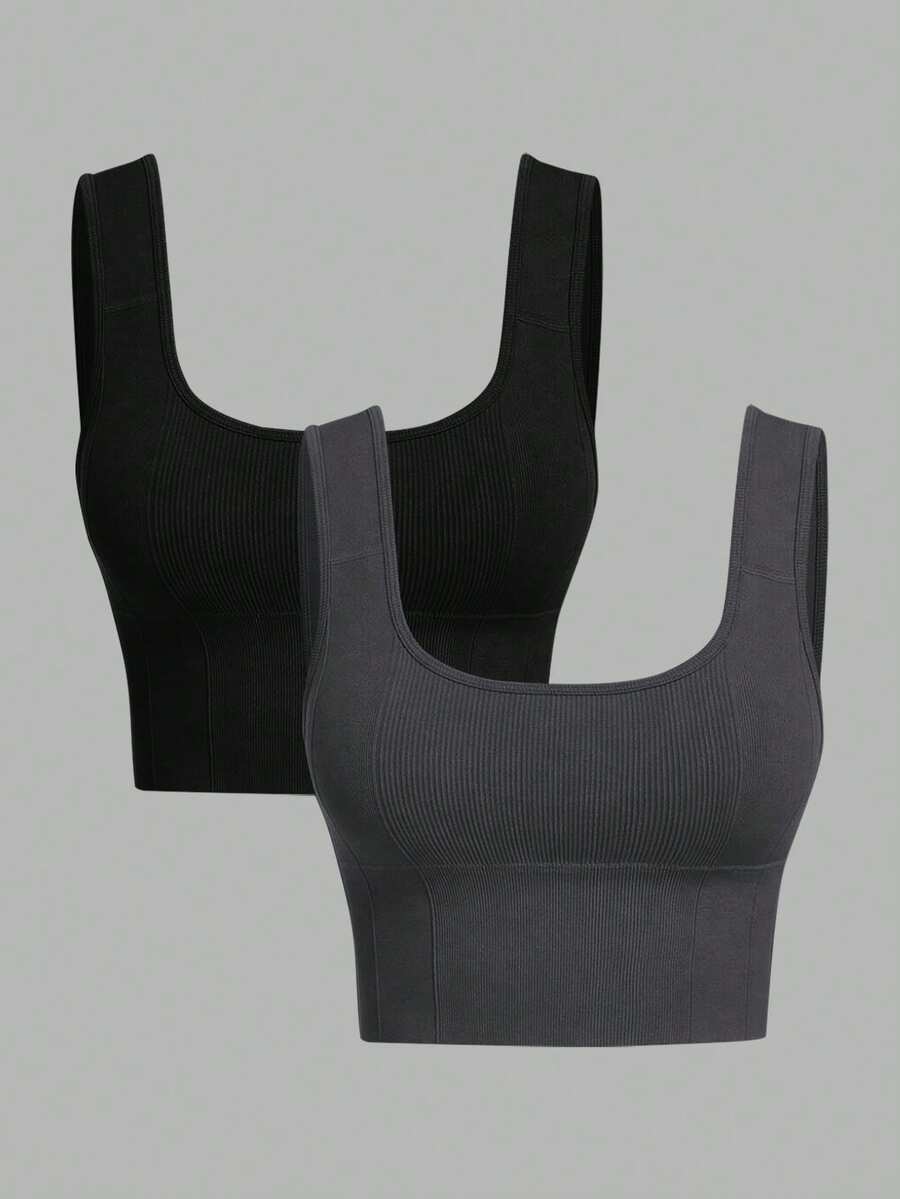 SHEIN Velisys 2件組 常規內衣+羅紋設計/基本款/黑色+深灰色/運動內衣/健身/瑜珈無縫 - 彩色 - 查看 1