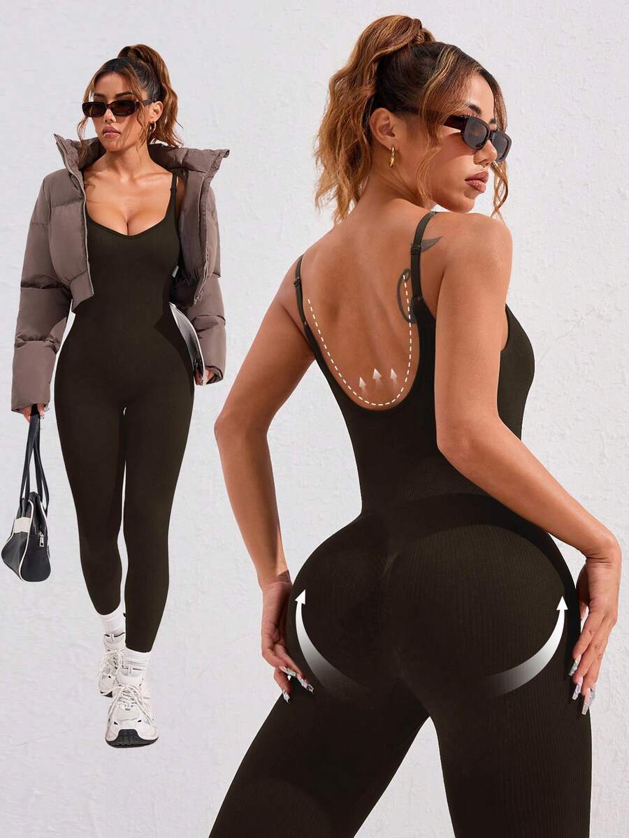 Easithlete Bộ jumpsuit thể thao ôm dáng ống loe màu trơn - Màu nâu Sô-cô-la - Xem 1
