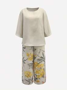Balvessa Linen Commuter Fashion Set With Digital Print - Khaki - View 6