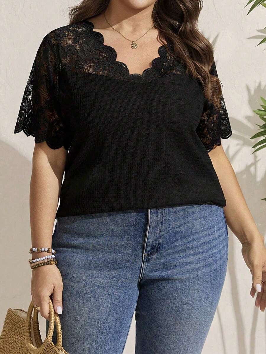Comfylo 夏季女式撞色蕾丝花边T恤 女士休闲度假衬衫 波西米亚风衬衫 女士优雅蕾丝衬衫 夏季衬衫 女士蕾丝衬衫 蕾丝细节上衣 蕾丝V领上衣 蕾丝上衣 女士蕾丝衬衫 女士短袖上衣 女士上衣和衬衫 蕾丝针织衫 女士蕾丝上衣 女士休闲上衣 女士优雅蕾丝T恤 女士短袖上衣 女士休闲优雅衬衫 - 黑色 - 查看 1