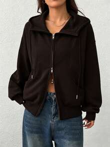 SHEIN EZwear 女款純色抽繩連帽休閒百搭日常穿著運動衫 - 咖啡棕 - 查看 6