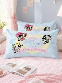 THE POWERPUFF GIRLS X Joivida 1件枕套 – 信封式封口柔軟透氣床枕套，簡約宿舍與臥室裝飾，可機洗 - 彩色 - 查看 1