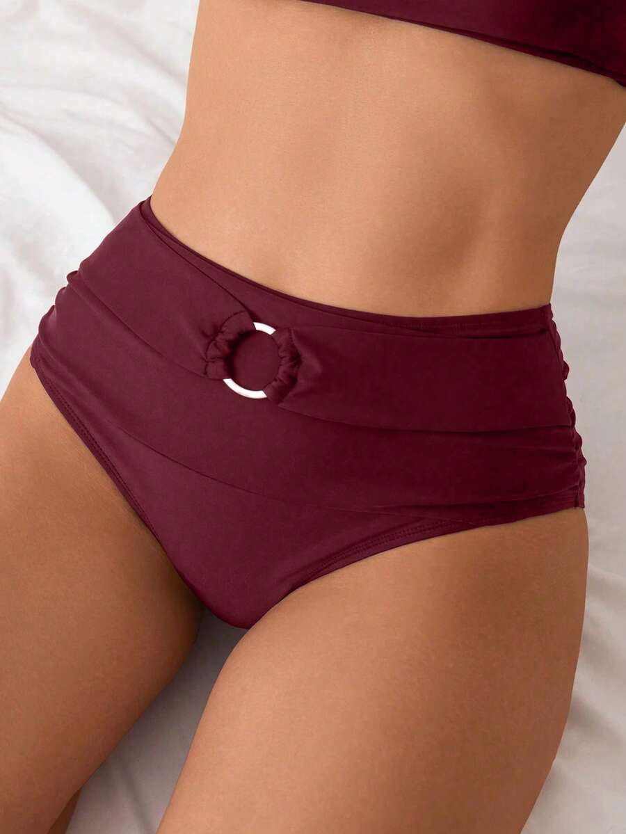 SHEIN Swim Women's Solid Color Bikini Bottoms For Beach Vacation - Burgundy - View 1