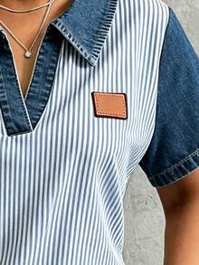 Maweii Women's Casual Lapel Striped Short Sleeve Top, Suitable For Commuting, Vacation And Daily Wear. Spring/Summer Wear, Casual Fashion Style, Suitable As A Gift For Friends And Family - Multicolor - View 3