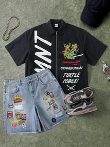 TEENAGE MUTANT NINJA TURTLES | SHEIN Men's Summer Casual Cartoon Letter Print Shirt - Black - View 4
