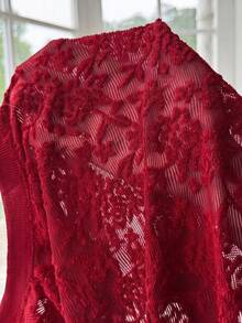 SHEIN EZwear 大尺碼女款花卉網紗圓領短袖寬鬆上衣 - 紅色 - 查看 7