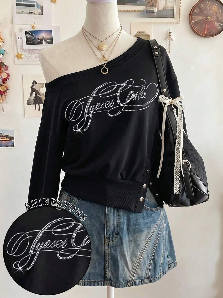 Lalippa Sweatshirt Lengan Panjang Leher Bulat Longgar Wanita Minimalis Modis dengan Hiasan Huruf Berkilau dan Rhinestone, Hadiah untuk Teman - Hitam - View 1