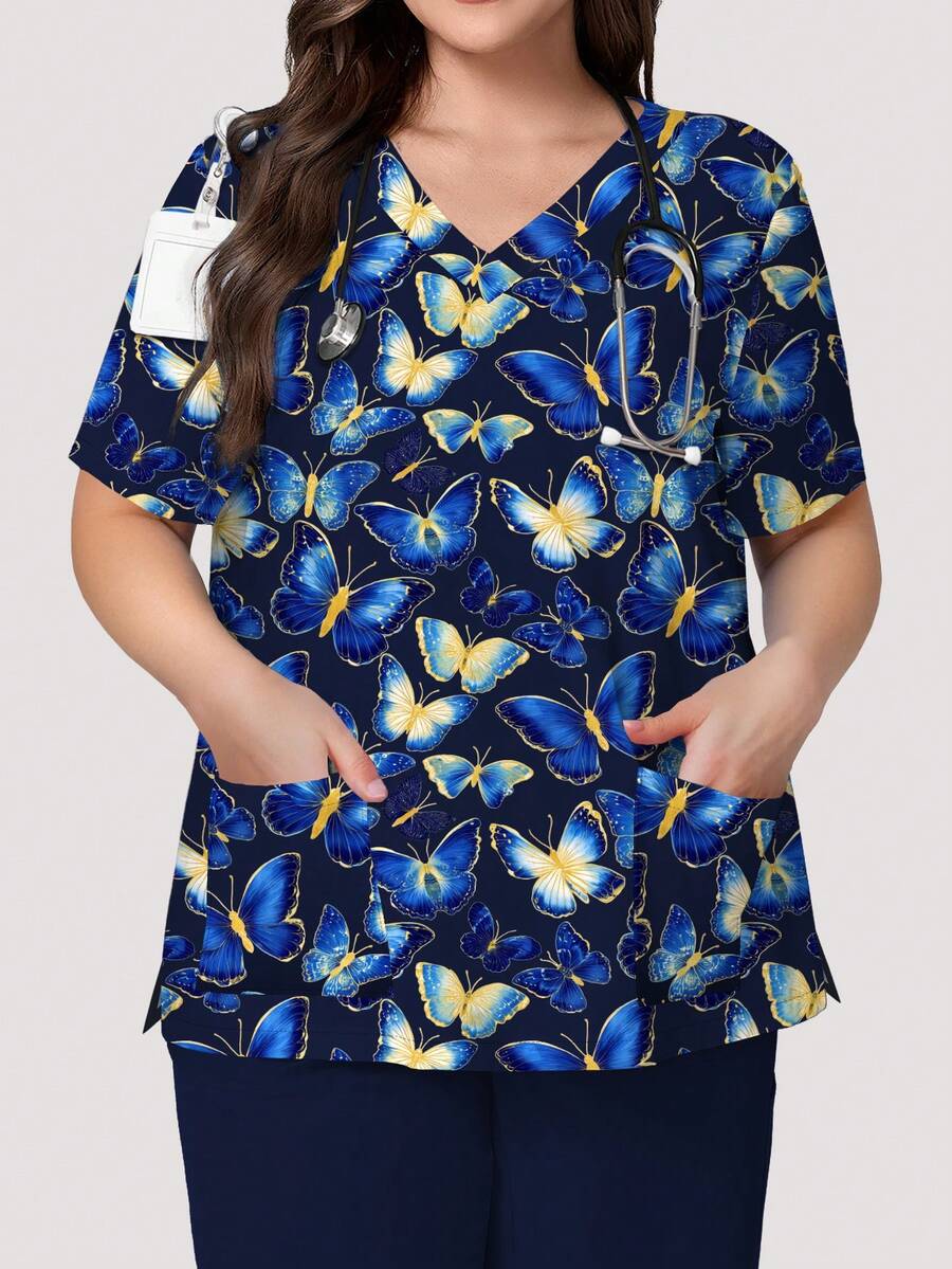 PopScrub Plus Size Colorful Butterfly Cartoon Print Women's Nurse Scrub ...