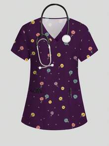 PopScrub Daisy Pattern Nurse Scrub Top, Spring/Summer Fashion V-Neck Short Sleeve Double Pocket Design Side Slit Workwear, Cute Women's Scrub Top, Scrub - Multicolor - View 1