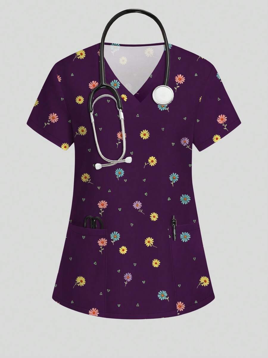 PopScrub Daisy Pattern Nurse Scrub Top, Spring/Summer Fashion V-Neck Short Sleeve Double Pocket Design Side Slit Workwear, Cute Women's Scrub Top, Scrub - Multicolor - View 1