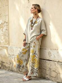 Balvessa Linen Commuter Fashion Set With Digital Print - Khaki - View 3
