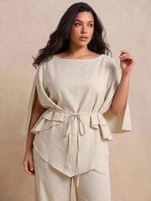 Juhart Plus Size Women's Casual Elegant Daily 2 Pieces Set With Top And Wide Leg Pants Autumn Dinner Cocktail Grey Brunch Party - Apricot - View 6