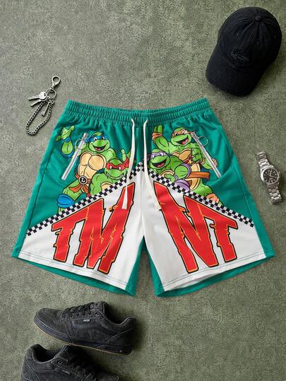 TEENAGE MUTANT NINJA TURTLES | SHEIN Celana Pendek Kasual Musim Panas Pria dengan Motif Kartun