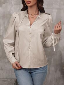 SHEIN LUNE 女士竖条纹印花泡泡袖衬衫、长袖上衣 - 卡其色 - 查看 5